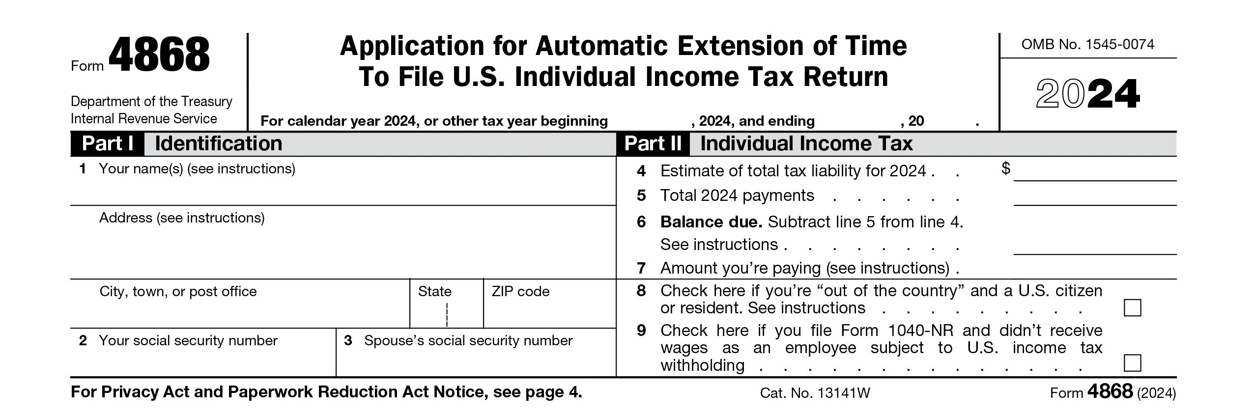 Personal Tax Extension Form 4868 Instructions