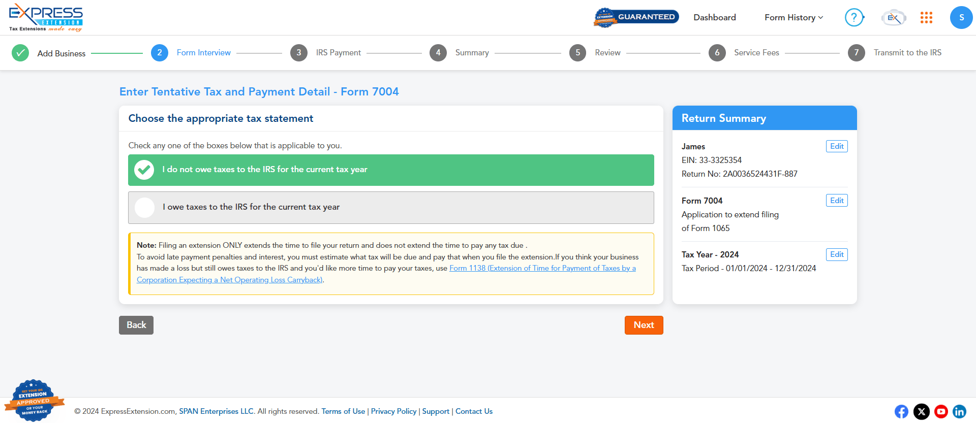 Enter the tentative tax details